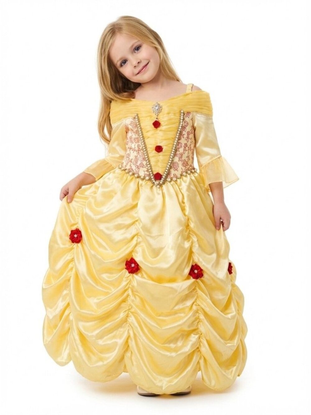 Girls Belle Princess Costume Dress Yellow Satin Rose Birthday Party